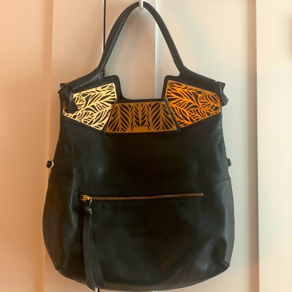 Foley & Corinna Metal Accent Black Leather Handle Bag